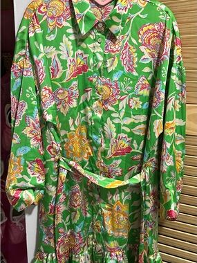 Zara Silky Green Floral Button-Front Dress with Belt
